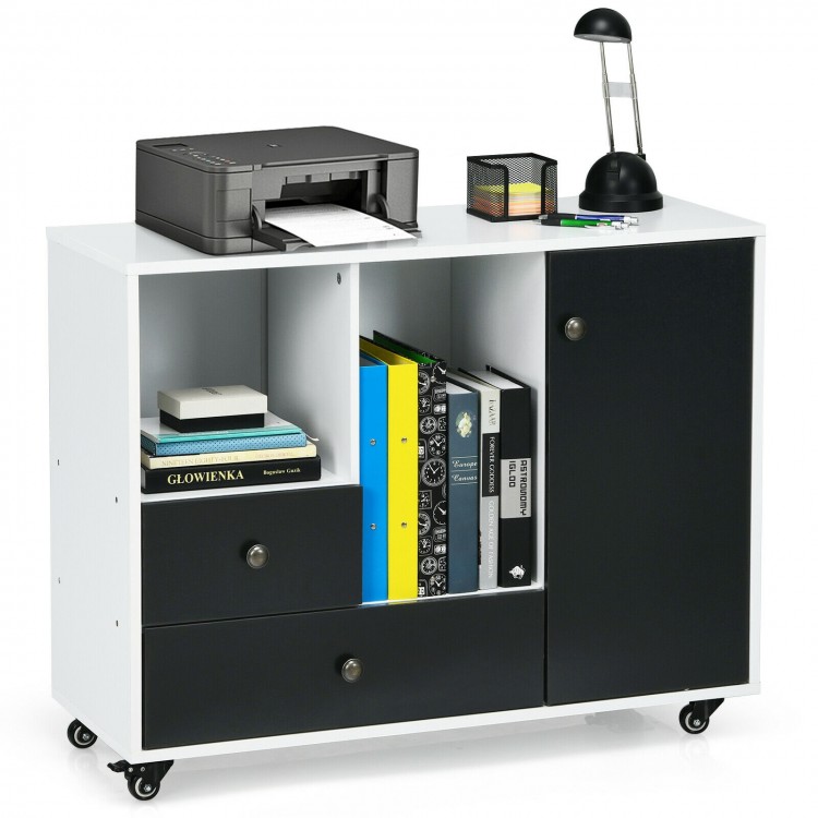 Lateral mobile filing cabinet in black with 2 drawers and open shelves, ideal for office storage and organization.