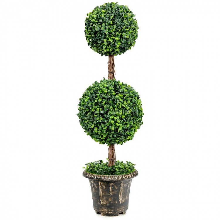 Artificial 36-inch double ball tree with UV protection, featuring PE leaves and a stable cement-filled pot for indoor.