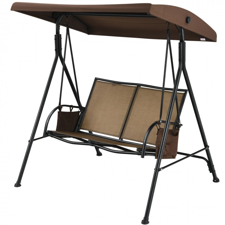Two-seat patio porch swing with adjustable canopy and storage pockets in brown, perfect for outdoor relaxation.