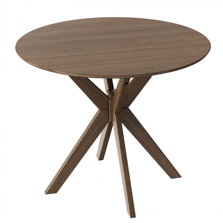 Round wood dining table with intersecting pedestal base, durable MDF top, and solid wood legs for stability, ideal for.