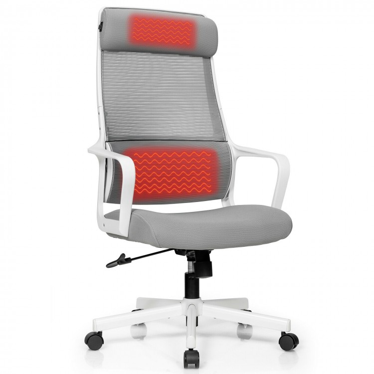 Adjustable gray mesh office chair with heating support headrest and lumbar cushion for optimal comfort and relief.