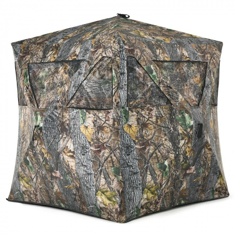 3-person portable pop-up hunting blind in vivid camouflage with multiple windows for enhanced visibility and stability.
