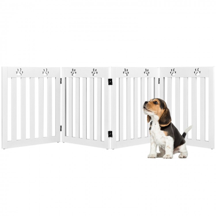 Freestanding 24-inch white wooden pet gate with 360° hinges, ideal for small dogs, suitable for various spaces.