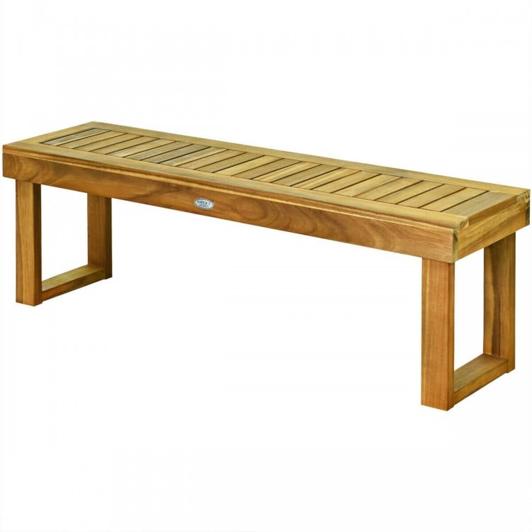 52-inch acacia wood dining bench with slatted seat, natural teak color, suitable for patio and outdoor use.
