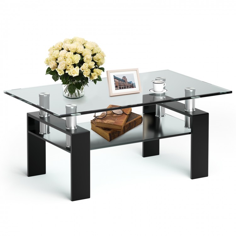 Rectangle glass coffee table with metal legs, double-tier design for storage, modern style for living room use.