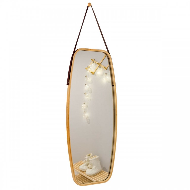 Full-length modern wall mirror with bamboo frame and adjustable leather strap, perfect for bedroom or living room decor.