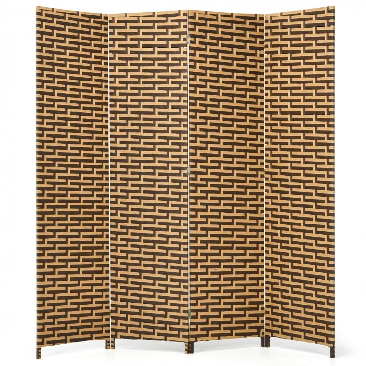 Four-panel folding privacy partition room divider in yellow with hand-woven design, ideal for creating personal space.
