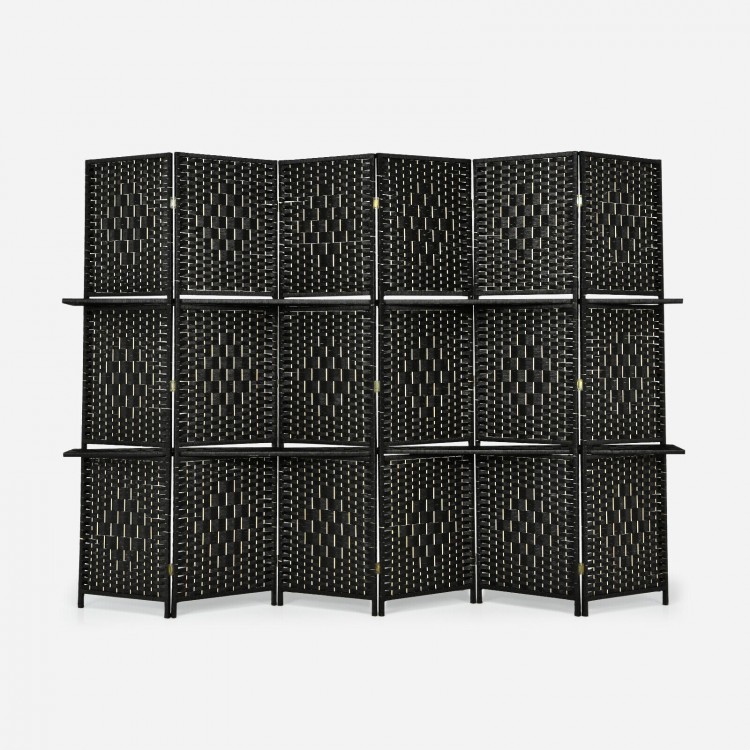 6-panel black room divider with hand-woven fiber design and 2 display shelves, perfect for creating private spaces.