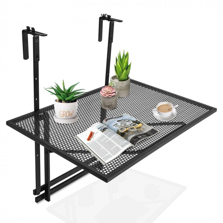 Railing folding table with adjustable heights, featuring a black metal design for outdoor use, ideal for plants and.