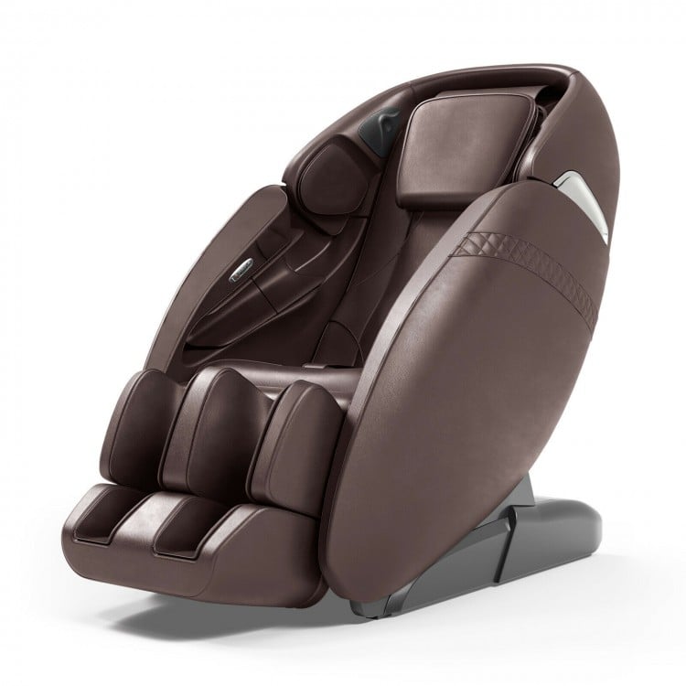 Electric zero gravity massage chair in brown leather, featuring an SL track design for ultimate relaxation.