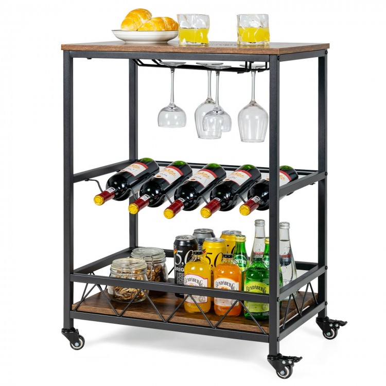 Kitchen bar cart on wheels with rustic brown finish, wine rack for 5 bottles, and glass holder for 4 goblets.
