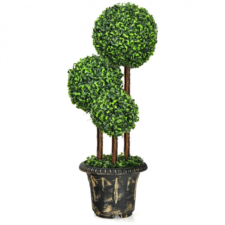 Triple ball artificial topiary tree with vibrant green PE leaves in a decorative cement-filled pot for indoor and.