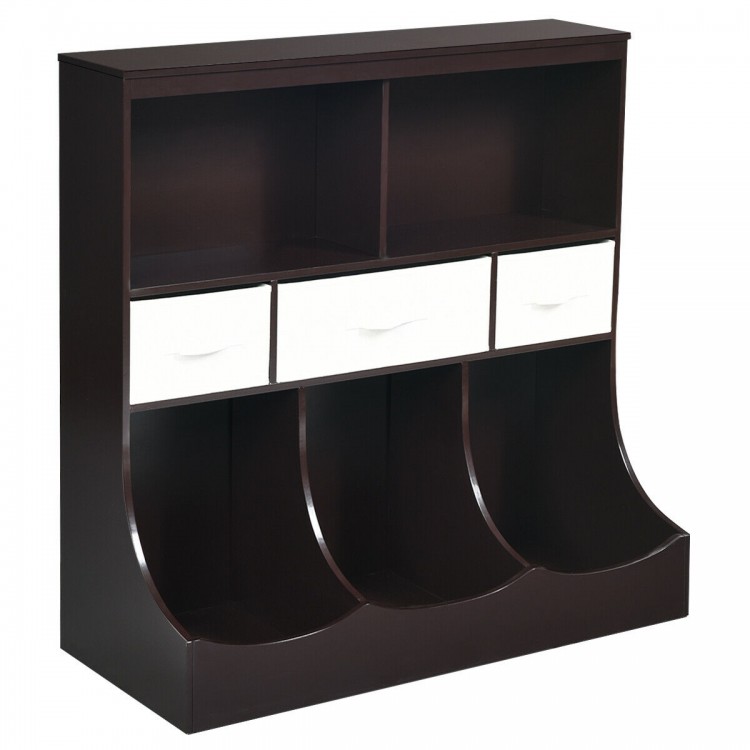 Freestanding brown cubby bin storage organizer with three baskets and two open shelves for versatile storage solutions.