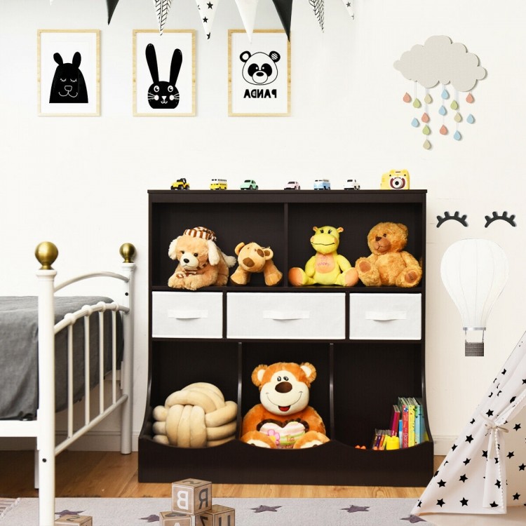 Freestanding brown cubby storage organizer with three baskets and open shelves, perfect for children's toys and books.