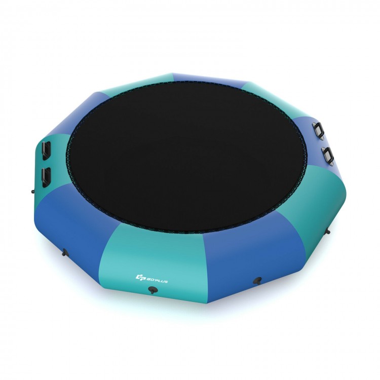Inflatable 12 feet water bouncer trampoline in blue, made of PVC, ideal for water sports and easy to set up.