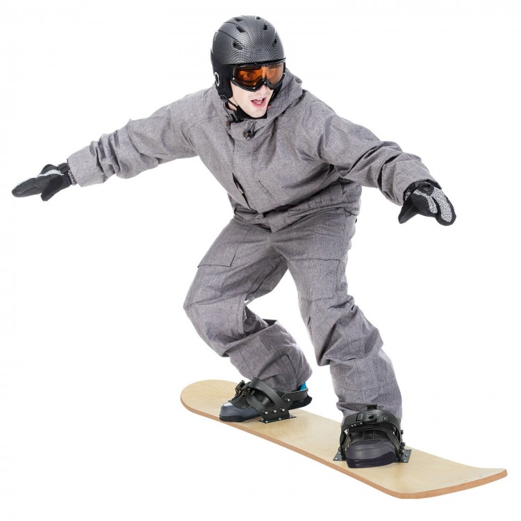 Snowboard with adjustable foot straps, made of sturdy wood, ideal for kids learning to ski, portable for outdoor fun.