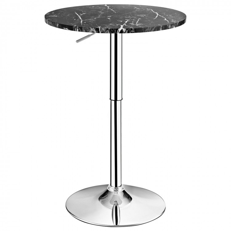 Round height adjustable bistro bar table with faux marble top and chrome base, ideal for cafes and dining rooms.