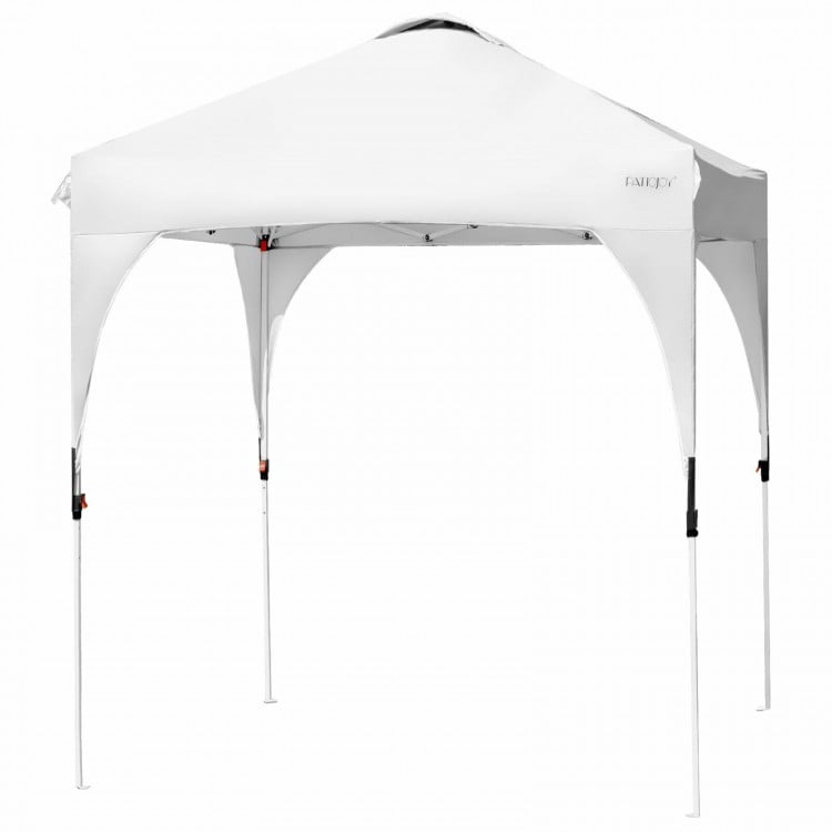Height adjustable 6.6 x 6.6 FT white pop-up canopy tent with heavy-duty frame, ideal for outdoor shade and activities.