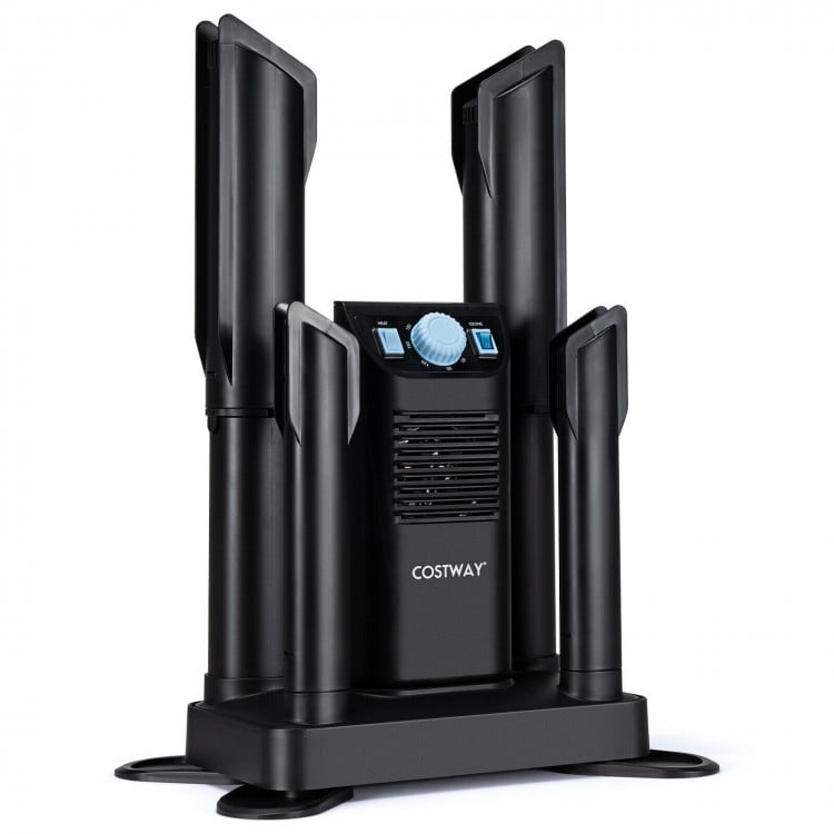 Electric shoe dryer in black for 4 shoes with ozone disinfection and 180-minute timer for efficient drying.