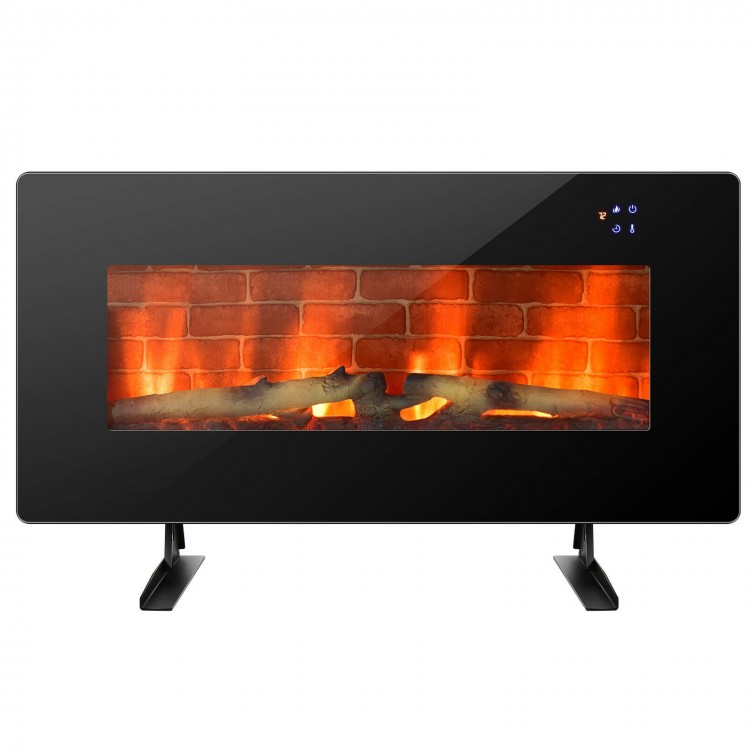 Electric wall-mounted fireplace with realistic flame, remote control, and black finish for cozy home ambiance.