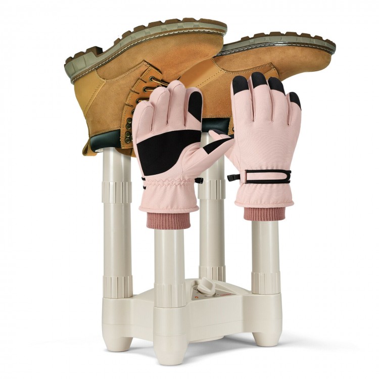 Electric shoe and boot dryer with four brackets, timer, and heat blower, ideal for drying two pairs simultaneously.