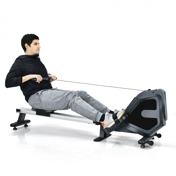 Folding magnetic rowing machine with aluminum rail, adjustable resistance, and ergonomic seat for full-body workouts.