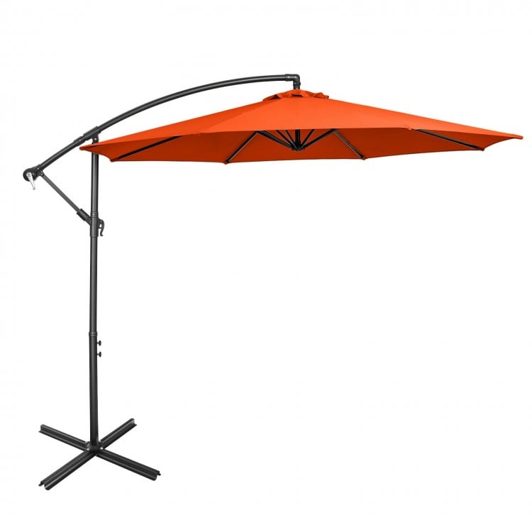 10FT orange offset umbrella with 8 iron ribs and cross base, featuring tilt adjustment for optimal shade.