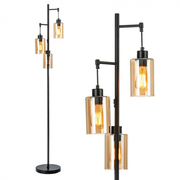 Retro floor lamp featuring three amber glass shades, stable iron pole, and foot switch for easy control in any room.