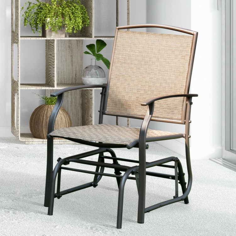 Single glider chair with a steel frame and breathable fabric, ideal for outdoor relaxation in garden or patio.