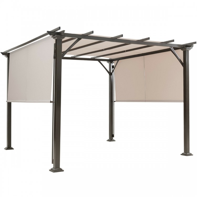 Metal frame patio shelter with beige retractable canopy, durable polyester fabric, ideal for backyard and outdoor.