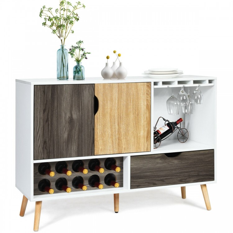 Mid-century buffet sideboard with wine rack, adjustable shelf, and drawer, perfect for kitchen or dining room storage.