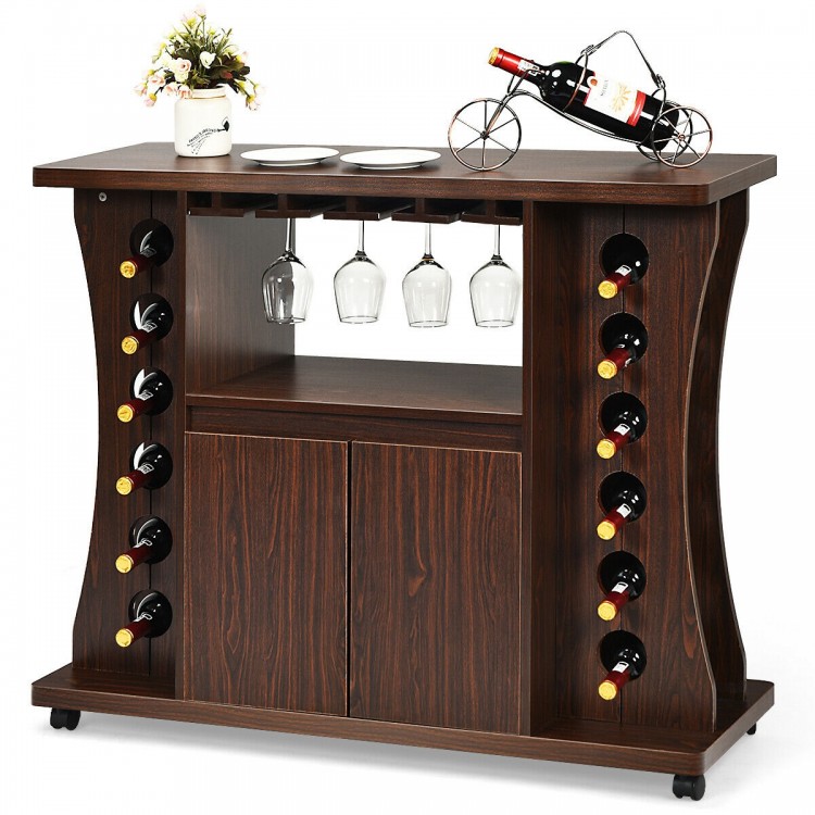 Rolling buffet sideboard in walnut with 12-bottle wine rack and glass holders, ideal for kitchen or bar storage.