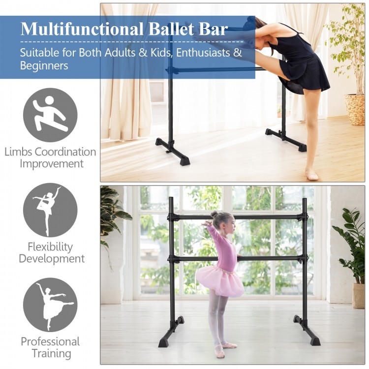 Portable double freestanding ballet barre in black, adjustable height for dancing and stretching, suitable for all ages.