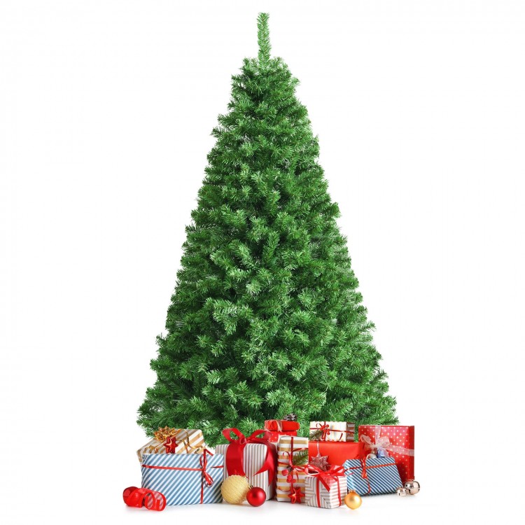 6-foot pre-lit fiber optic artificial Christmas tree with 617 branch tips, surrounded by colorful wrapped gifts.
