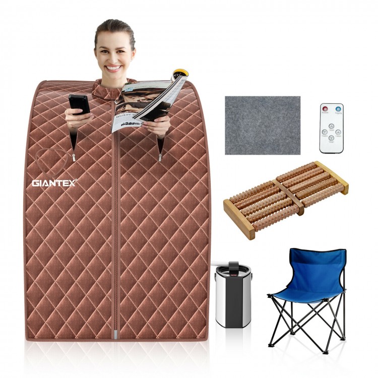 Portable personal steam sauna tent with remote control, 3L steamer, and folding chair for convenient home relaxation.