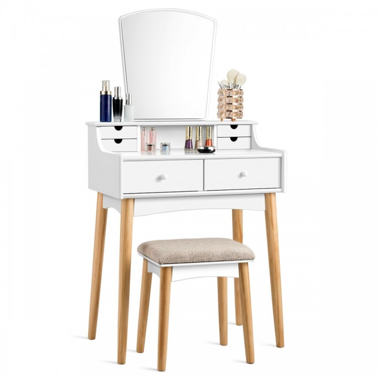 Makeup vanity set with unique shape mirror, 6 drawers, and a cushioned stool for comfortable seating and organization.