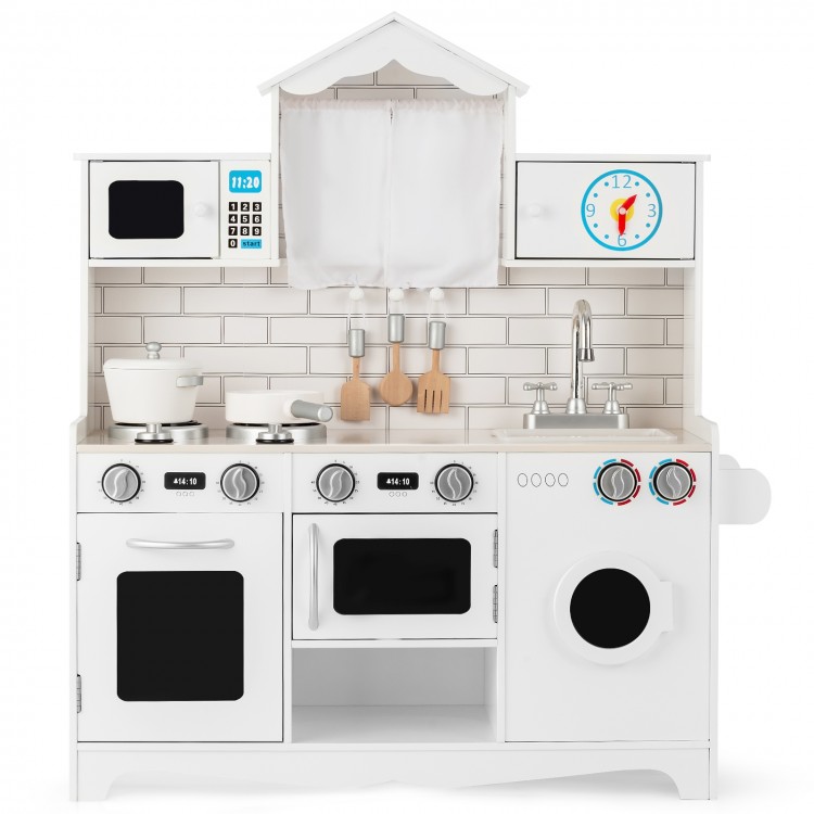 Wooden kids kitchen playset featuring a washing machine, oven, and microwave, designed for imaginative play and.