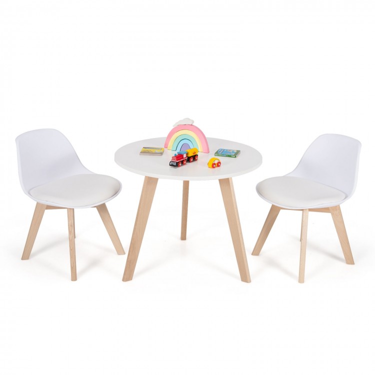 Modern kids activity play table with two white chairs, featuring beech legs and soft cushions for comfort and support.