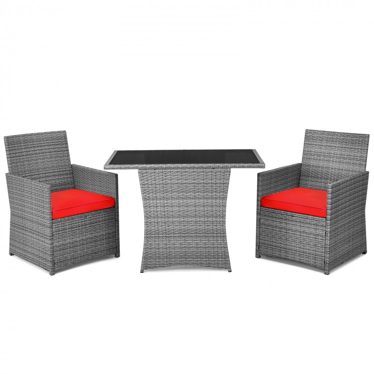 3-piece patio rattan furniture set with cushioned armrests and a tempered glass tabletop, perfect for outdoor.