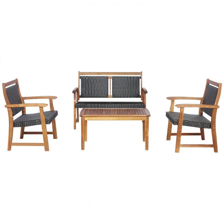 Four-piece outdoor patio rattan furniture sofa set with acacia wood frame, ideal for garden or poolside relaxation.