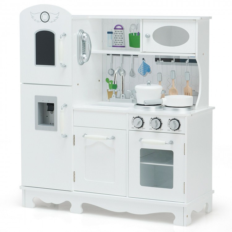 White kitchen pretend play cookware set for kids featuring a water dispenser, removable sink, and durable MDF.