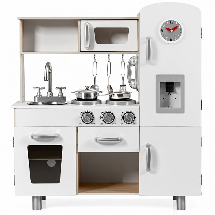 Vintage play kitchen set featuring a stove, sink, water dispenser, and ample storage for kids' cooking fun.