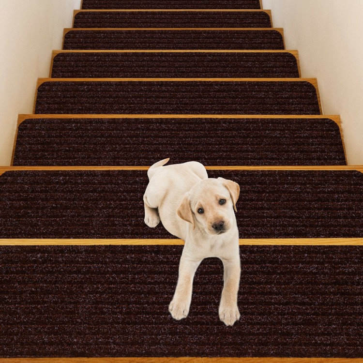Soft brown slip-resistant stair treads on wooden stairs, providing safety for pets and easy installation for indoor use.