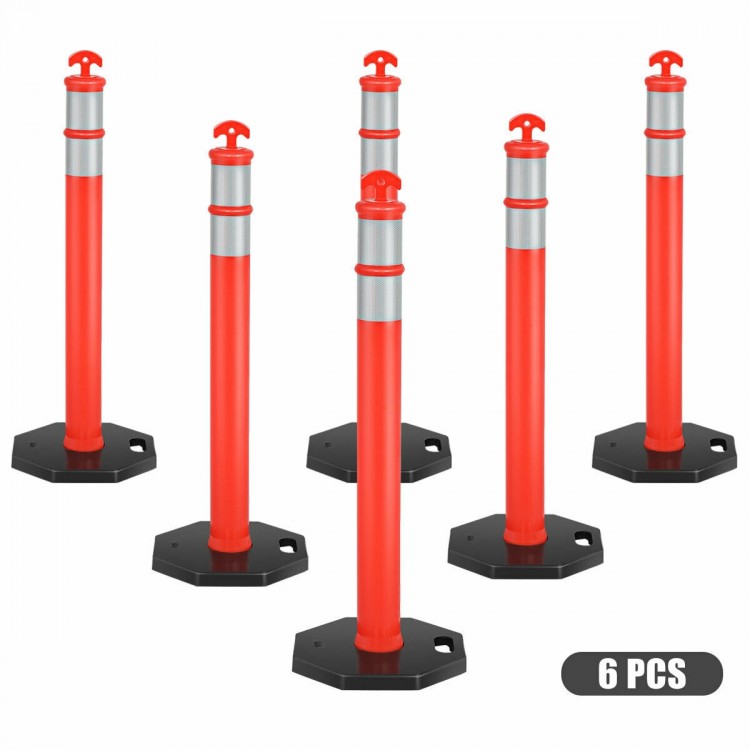 Set of 6 orange traffic delineator posts with reflective collars and stable rubber bases for guiding traffic and.
