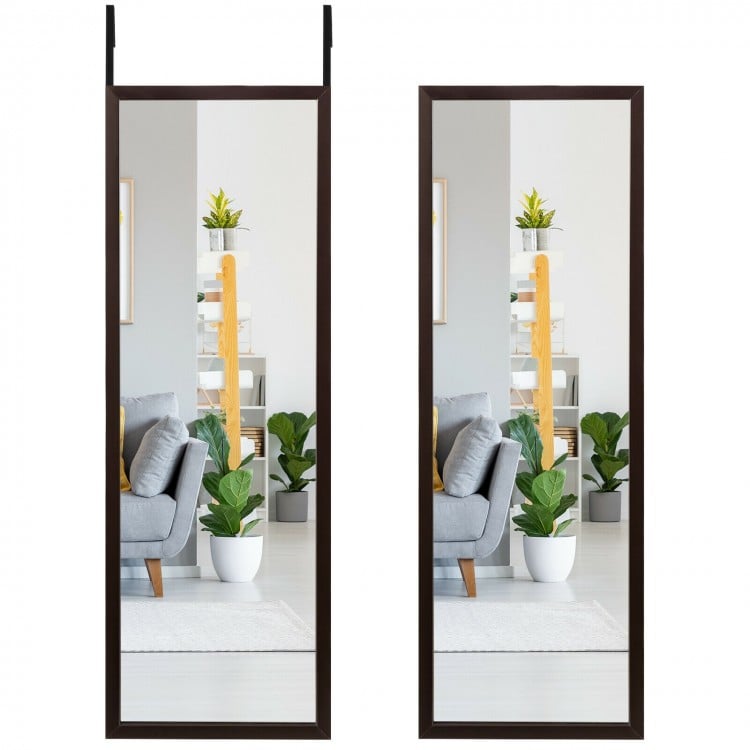 Full-length brown metal mirror with adjustable hooks, perfect for wall-mounting or door hanging in any room.