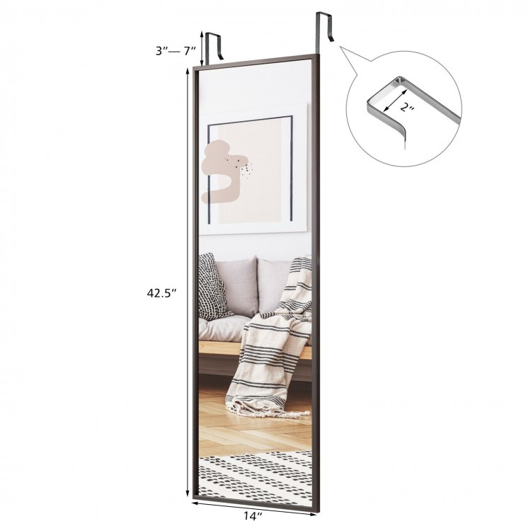Full-length brown metal door mirror with adjustable hooks, perfect for wall mounting or door hanging, measuring 42.5" x.
