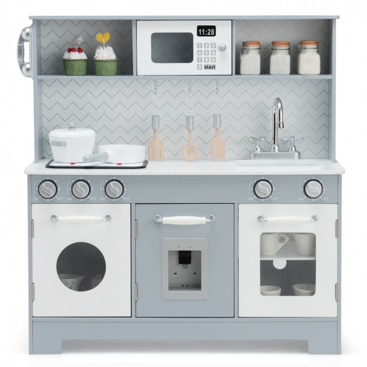 Wooden pretend play kitchen toy set with realistic light and sound, featuring an oven, sink, and storage for kids' fun.