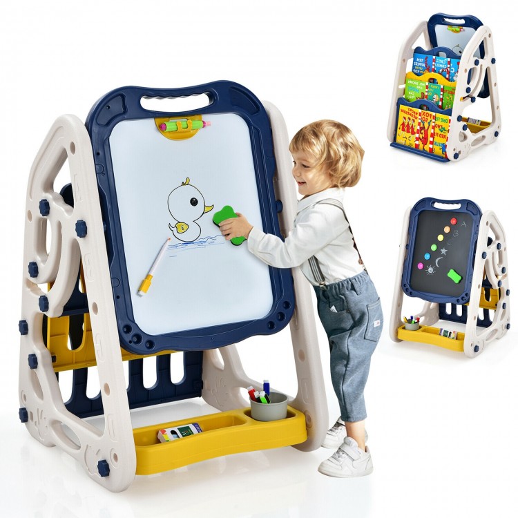 Kids 3-in-1 art easel with double-sided whiteboard and chalkboard, adjustable height, and storage tray for creative.