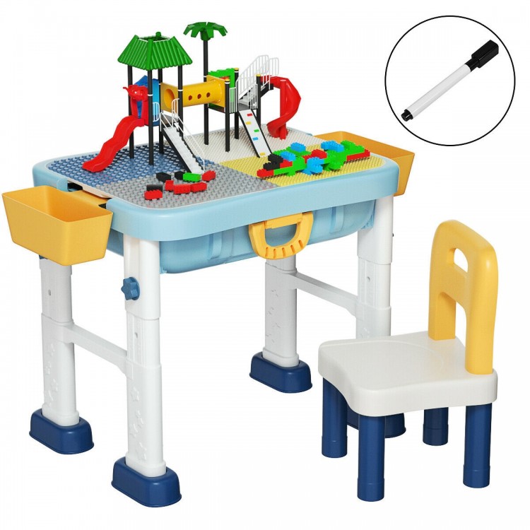 Kids activity table set with chair, featuring storage compartments and block boards for learning and play.