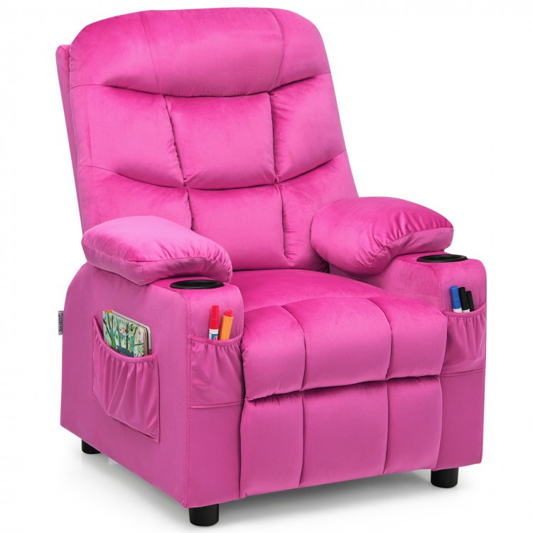 Kids recliner chair in pink with cup holders and side pockets, designed for comfort and relaxation for children.